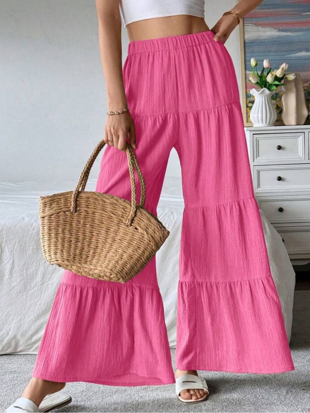 Women's Textured Tiered Wide Leg Comfortable Long Pants